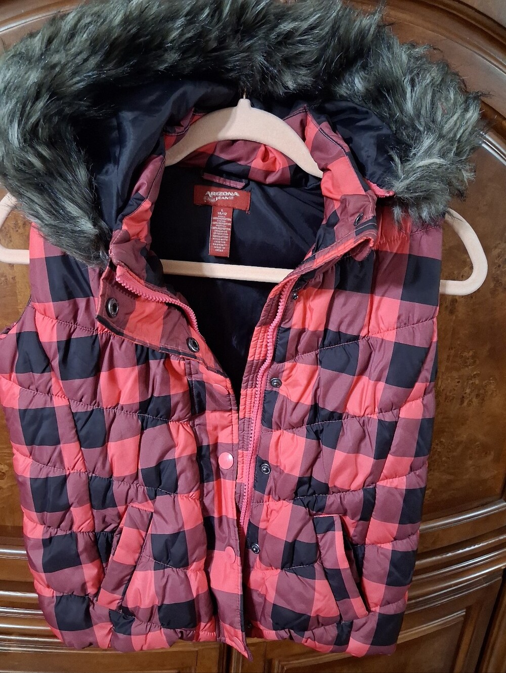 Kids Red and Black Plaid Puffer Vest with Faux Fur Hood